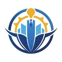 A blue and yellow logo featuring a man in a suit, symbolizing professionalism and sophistication, A simple yet impactful logo that represents the world of management consulting vector