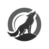 un lobo, en pie en parte superior de un colina, con vista a el paisaje, un geométrico representación de un clamoroso lobo en un monocromo color esquema vector