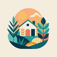 A geometric interpretation of a modern house standing among lush trees and bushes in a serene environment, A geometric interpretation of a serene home and garden scene vector
