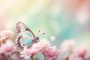 Pastel color butterflies on delicate spring flowers in a field with a space for text. Spring time. photo