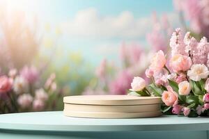 Podium for demonstration and montage of product with delicate floral spring decor. Spring time background, blooming, birthday, March 8, Easter, women's day, wedding. Copy space. photo