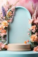 Podium for demonstration and montage of product with delicate floral spring decor. Spring time background, blooming, birthday, March 8, Easter, women's day, wedding. Copy space. photo