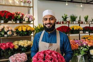 musulmán hombre florista recoge ramo de flores de rosas- Fresco cortar flores en cajas y floreros en flor tienda y bastidores para venta, entrega para el día festivo. primavera, marzo 8, De las mujeres día, cumpleaños. foto