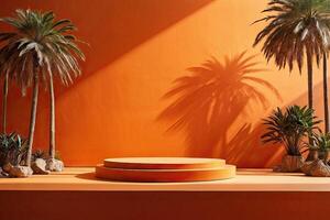 Empty podium for demonstration and installation of product on orange background with palm trees and tropical plants and sunlight, on theme of relaxation and travel to tropics, summer photo