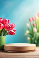 Podium for demonstration, display and montage of product, cosmetic with bright tulips spring decor. Spring time background, blooming, birthday, March 8, Easter, women's day. Copy space. photo