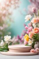 Podium for demonstration and montage of product with delicate floral spring decor. Spring time background, blooming, birthday, March 8, Easter, women's day, wedding. Copy space. photo