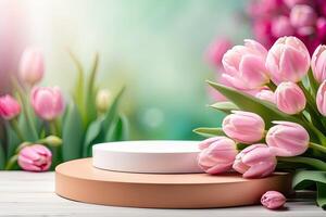 Podium for demonstration, display and montage of product, cosmetic with bright tulips spring decor. Spring time background, blooming, birthday, March 8, Easter, women's day. Copy space. photo