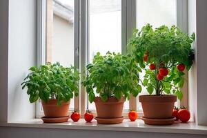 creciente hecho en casa Tomates a hogar en el antepecho, cocina jardín, plántulas para plantando en el primavera. foto