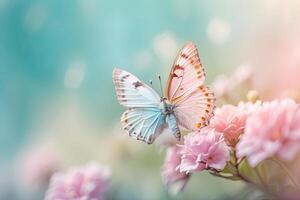 pastel color mariposas en delicado primavera flores en un campo con un espacio para texto. primavera tiempo. foto
