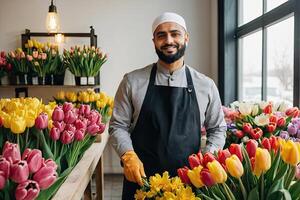 musulmán hombre florista recoge ramo de flores de tulipanes- Fresco cortar flores en cajas y floreros en flor tienda y bastidores para venta, entrega para el día festivo. primavera, marzo 8, De las mujeres día, cumpleaños. foto