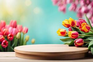 Podium for demonstration, display and montage of product, cosmetic with bright tulips spring decor. Spring time background, blooming, birthday, March 8, Easter, women's day. Copy space. photo