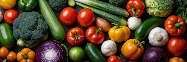 A pattern of ripe vegetables is a vegetable background for vegetarians, healthy eating, and eco-friendly gardening. photo