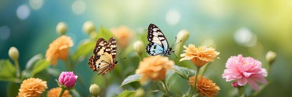 Saturated bright vibrant color butterflies on spring and summer wild flowers in a field with a space for text. Spring time, summer time. photo