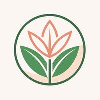 minimalista logo para un vegano maquillaje marca presentando un verde y naranja flor rodeado, un minimalista logo para un vegano maquillaje marca exhibiendo un minimalista hoja motivo vector