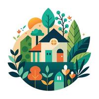 A house is surrounded by a lush canopy of trees and fallen leaves in a serene setting, An abstract composition inspired by the concept of home and garden vector