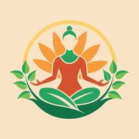 Woman in lotus position with leaves around her in a modern interpretation of interconnectedness, A modern interpretation of the interconnectedness of yoga and nature vector