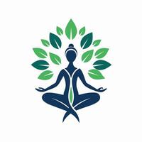 A person seated cross-legged in a lotus pose surrounded by green leaves, An elegant illustration of a tree pose with minimalist detailing vector