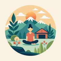 Woman calmly meditates in lotus position in front of mountain scenery, A peaceful landscape featuring a tranquil yoga studio nestled in nature vector