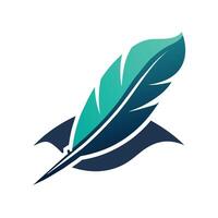 Blue feather with a green leaf on it, creating a unique and natural contrast, A modern representation of a stylized quill pen for a literary news publication vector