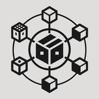 Black and white cube surrounded by smaller cubes, showcasing a geometric pattern, A monochromatic logo symbolizing the interconnectedness of supply chains vector