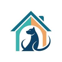 un perro es sentado dentro un casa en esta logo diseño, resumen representación de un corazón y mascota en negativo espacio vector