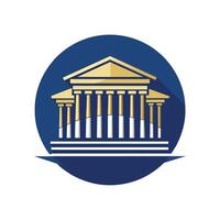 Blue Circle With Gold Greek Temple, An artistic interpretation of the Acropolis in Athens, minimalist simple modern logo design vector