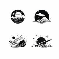 Set of space emblems, outer space logos, planet logos, flying rockets, technology, science on black and white white background. vector