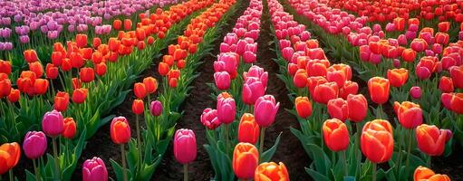 tulipán campos son floreciente hermosamente a amanecer, hermosa al aire libre paisaje foto