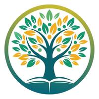 A tree with green leaves hosting a book in its branches, blending nature and literature, Create a clean and understated logo featuring a timeless font vector