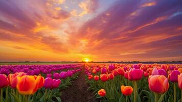 Tulip fields are blooming beautifully at sunrise, beautiful outdoor scenery photo