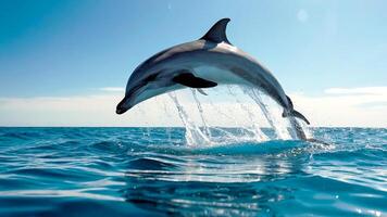 delfines jugar y saltar hermosamente en el olas en el medio de el mar. delfines natural habitat foto