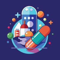 Blue backdrop featuring a building, rocket, and pill, Craft a minimalistic artwork inspired by the world of pharmaceuticals vector