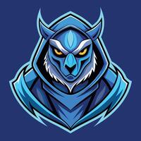 A blue owl mascot with striking yellow eyes, BLUE hoodie mysterious warrior e-sports mascot gaming logo vector