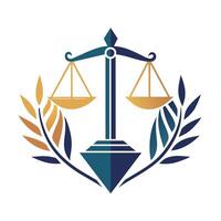 A scales of justice surrounded by laurel leaves, symbolizing victory and achievement, Craft a minimalist emblem that conveys expertise and reliability in legal consultancy vector