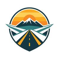 A road stretching towards a mountain in the background under a clear sky, Create a minimalist logo that conveys the concept of transmission vector