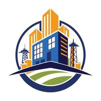 logo de un empresa presentando un edificio como el central elemento, edificio construcción logo diseño vector