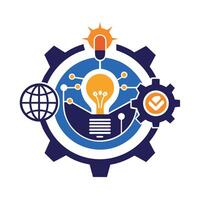 A light bulb enclosed within the intricate teeth of a gear wheel, symbolizing innovation and mechanical advancement, Contemporary logo incorporating elements of technology and innovation vector