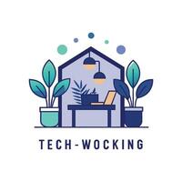 un moderno casa con varios plantas en sus exterior, presentando un ordenador portátil metido en arriba, arte un sencillo y elegante logo para un tecnología trabajo colaborativo espacio vector