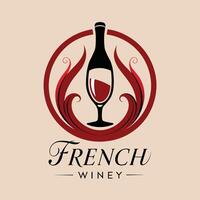 A bottle of wine stands next to a glass filled with wine, creating a classy and sophisticated scene, Craft a sleek and sophisticated logo using a sans-serif font vector