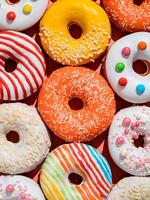 Assorted colorful glazed donuts with sprinkle. Creative layout made from delicious glazed donuts. Vertical flat lay background with multicolored donuts or doughnuts photo