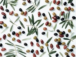 Beautiful pattern with green, black and red olives and olives tree leaves and branches on white background. Mix olive tree fruits and branches as pattern, top view or flat lay. photo