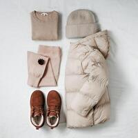 Women warm clothes outfit, flat lay, knolling photo