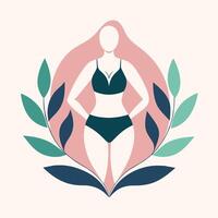 A woman wearing a bikini is standing in front of a circle, Create a logo for a minimalist swimwear brand that celebrates body positivity vector