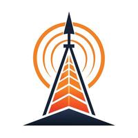 Logo featuring an orange and blue color scheme with a tower in the center, Create a minimalist logo that conveys the concept of transmission vector