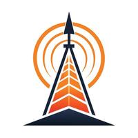 Logo featuring an orange and blue color scheme with a tower in the center, Create a minimalist logo that conveys the concept of transmission vector