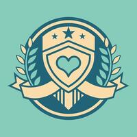 A shield featuring a heart symbol surrounded by a ribbon, Create a minimalistic emblem capturing the essence of friendliness vector