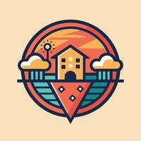 logo diseño presentando un casa silueta con un puesta de sol en el fondo, crear un minimalista logo para un barrio Pizza articulación con un retro, inspirado en los años 50 ambiente vector