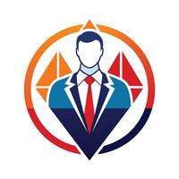 A man dressed in a suit and tie standing inside a circle, Create a symbol that evokes the professionalism and reliability of accounting services vector