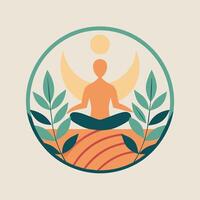 A person sits in a lotus position on top of a hill, focusing and meditating amidst nature, Create a minimalist artwork that reflects the commitment to physical wellness and self-care vector
