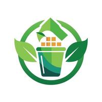 un verde hoja descansando siguiente a un taza de café en un mesa, diseño un logo ese capturas el esencia de reduciendo residuos y promoviendo reciclaje vector